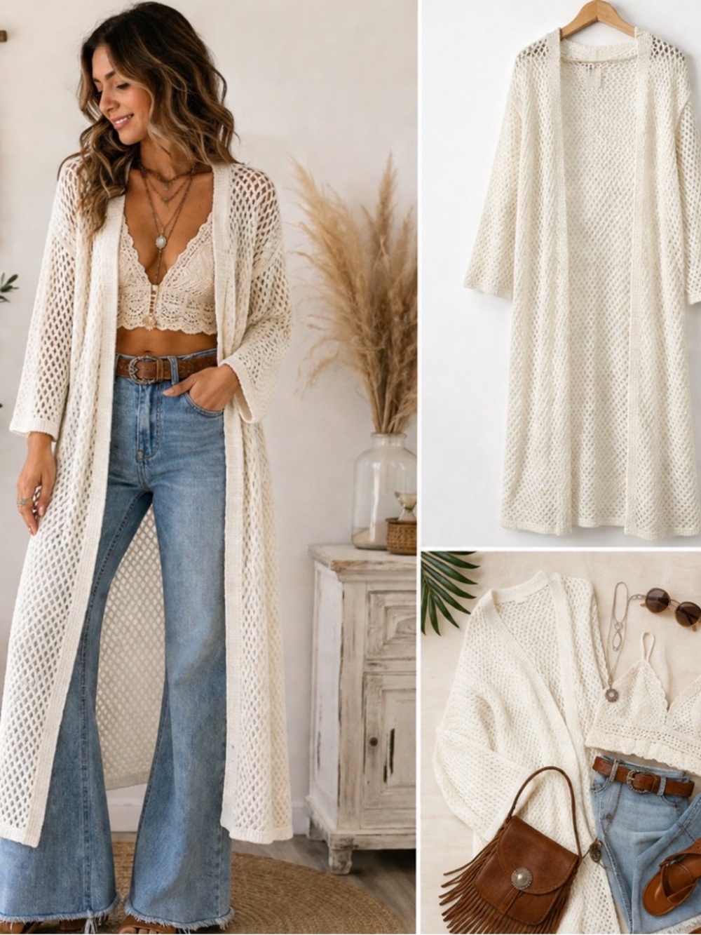 POL BOHO OPEN KNIT OFF WHITE LONG CROCHET CARDIGAN SIZE SMALL NWOT - Picture 6 of 12